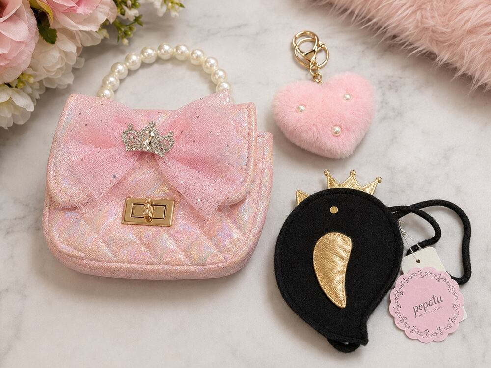 Lot of 3 little girls accessories: purses fluffy key chain bird metallic